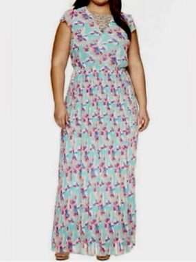 Ashley Nell Tipton Mint Floral Pleated Dress with Pink & Purple Accents 3X